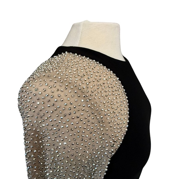 XSCAPE Dress Sz 6 Silver Beaded Black Stretch Mini Illusion Slimming Long Sleeve - Picture 11 of 15